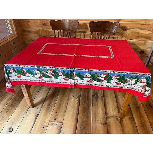 Vintage Christmas Tablecloth Animals Ice Skating Trees Winter Snow Cats 7x5 - Picture 2 of 5